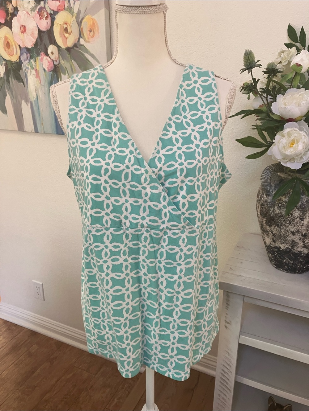 Y2k Merona Aqua and White Sleeveless V-Neck Printed Blouse
